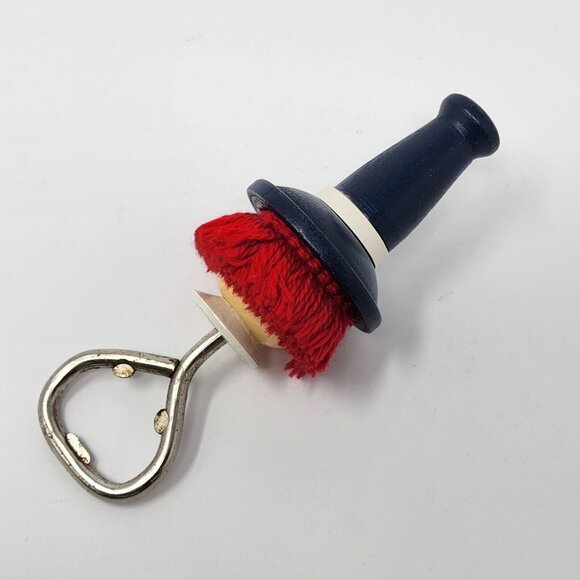 Vintage Wooden Head Bottle Opener With Red Yarn Hair & Metal Opener 5" - Picture 6 of 6